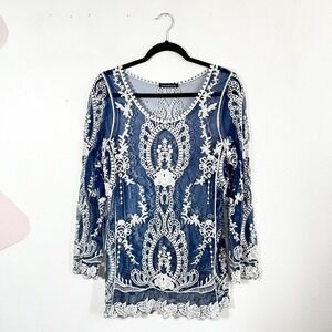 Floral Crochet Tunic Top Lace Sz Medium Festival Coachella Boho Fairycore